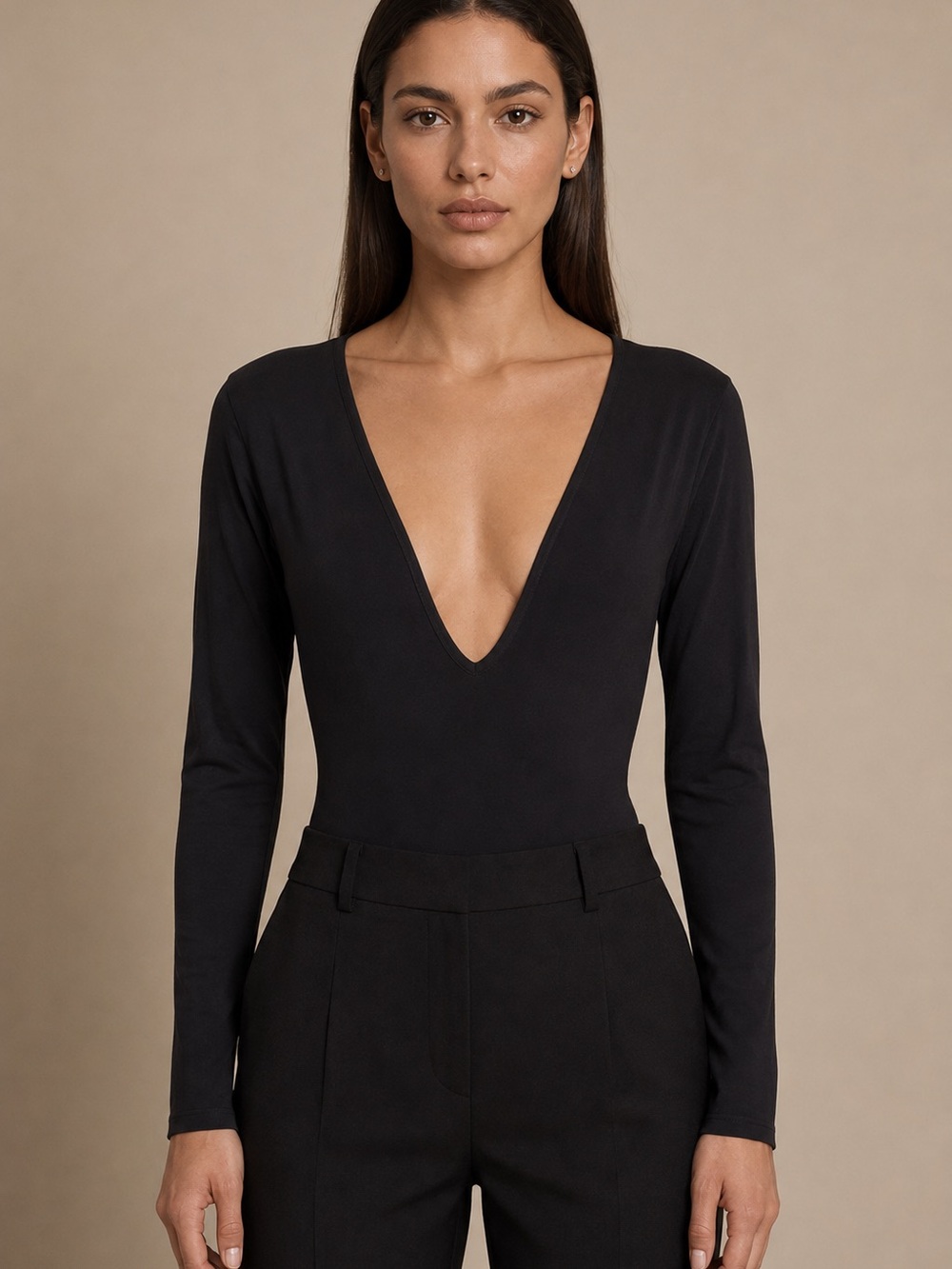 Pretty Little Thing Deep V Black Bodysuit | Ultra Soft Long Sleeve | Minimalist